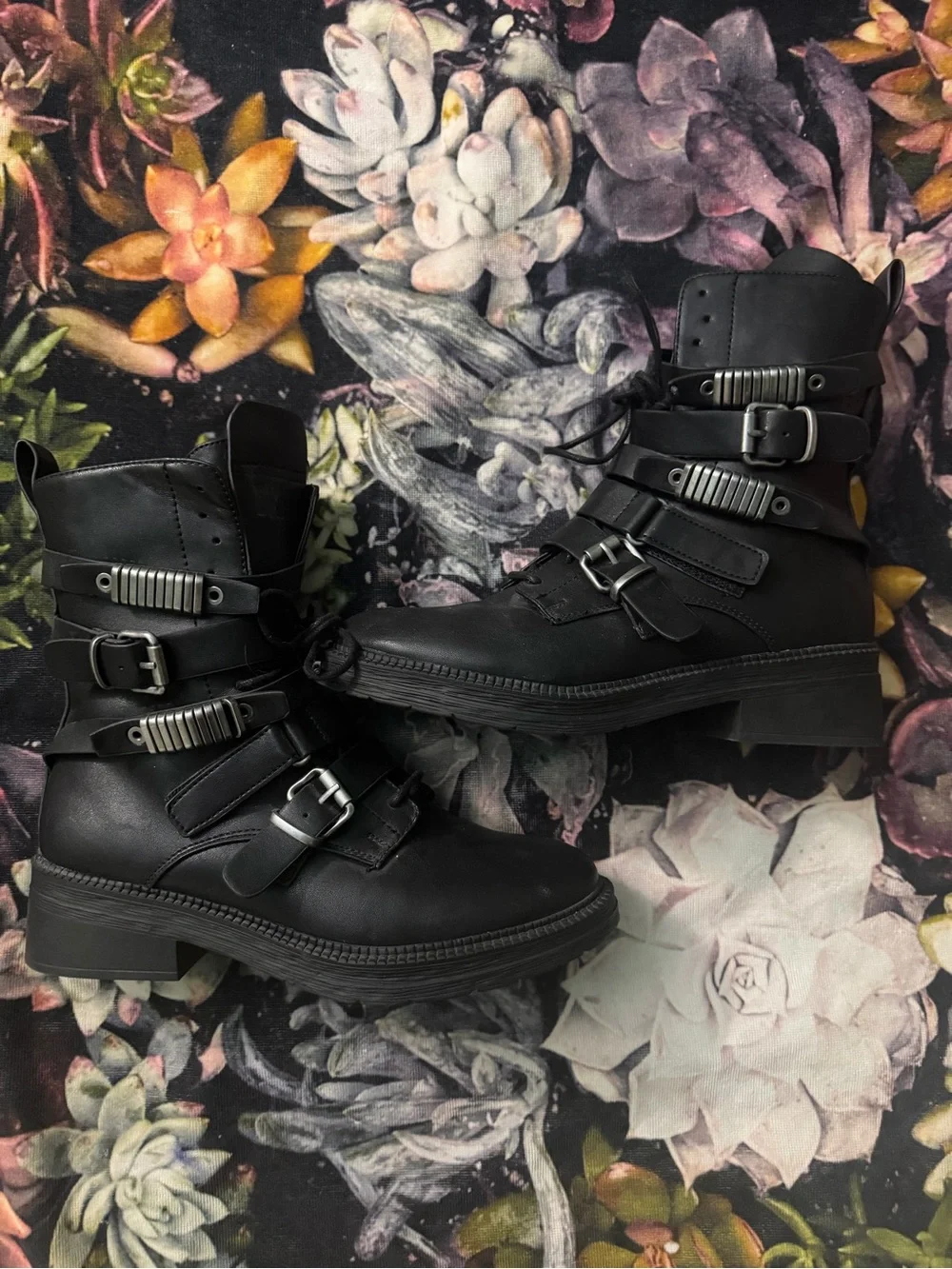 DKNY Black Leather Buckle Combat Boots